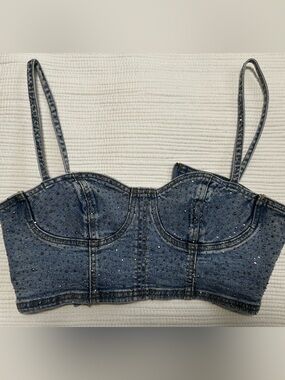 Rhinestone Denim Bustier Crop Top